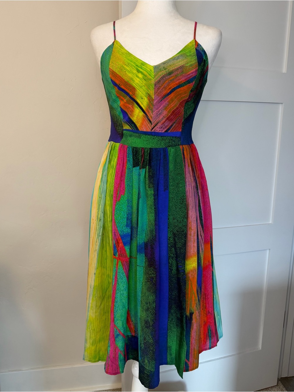 Amanda Uprichard Bird of Paradise Multicolored Spaghetti Strap Midi Dress Size S
